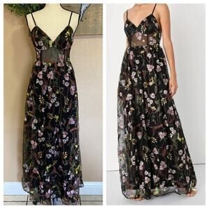 NWOT Lulus Radiant Fantasy Black Floral Embroidered Tulle Maxi Dress